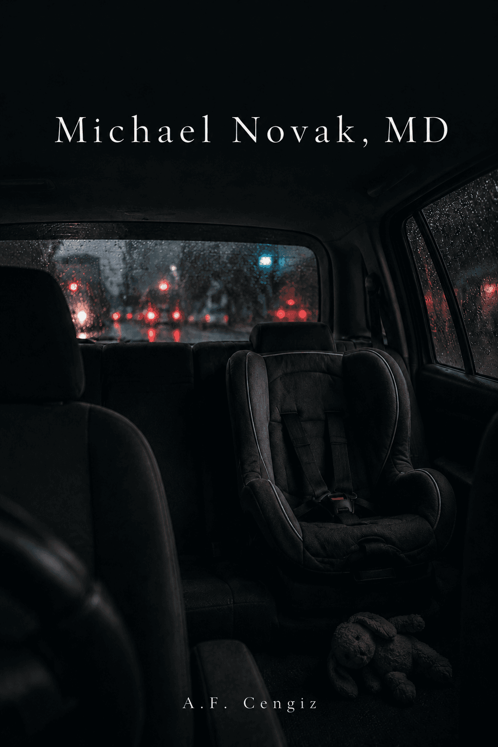 Front cover: the back seat of a car at night in the rain, an empty child's seat beside a stuffed rabbit on the floor, brake lights blurred through the glass. The title Michael Novak, MD stands above it and the byline A.F. Cengiz below.